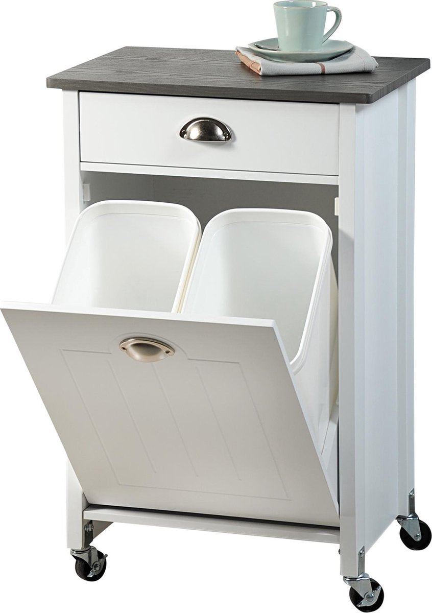 Waste separation bin 2 bins with drawer and top - 37x50x79 cm - White