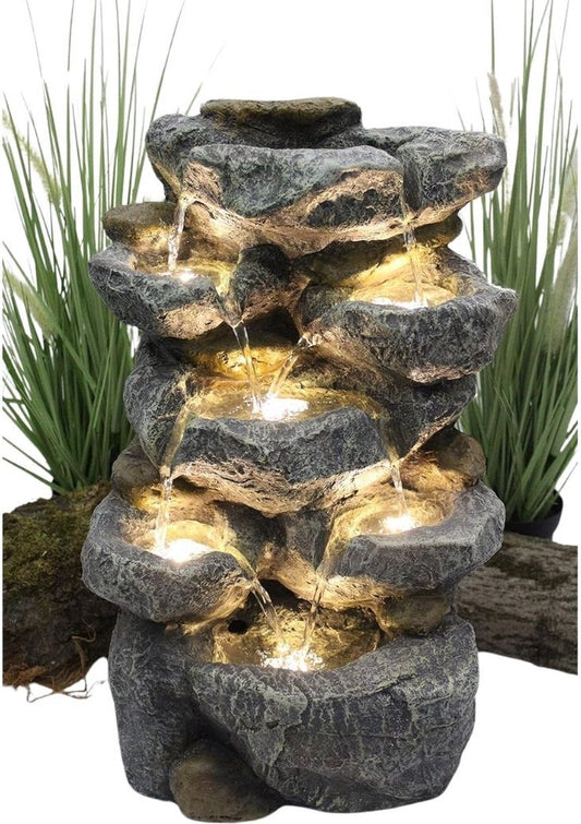Waterornamenten Voor Buiten – Waterval – Waterfontein Met Verlichting - Water Fontein Tuin – Tuindecoratie Voor Binnen En Buiten - Vogelbad - 24 x 31 x 48.5 cm