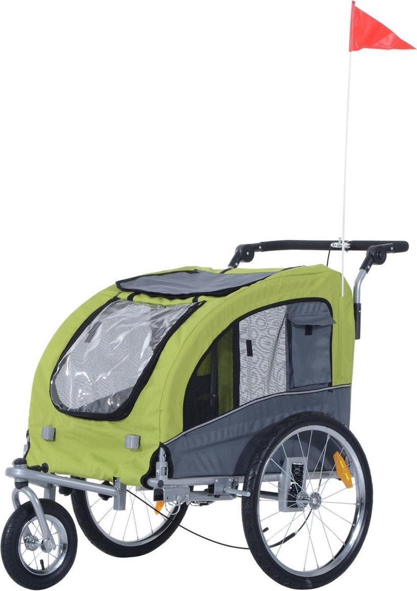 Hondenfietskar - Fietskar - Hondenaanhanger - Buggyfunctie - Geveerd en geremd - Groen/Grijs - 130 x 90 x 110
