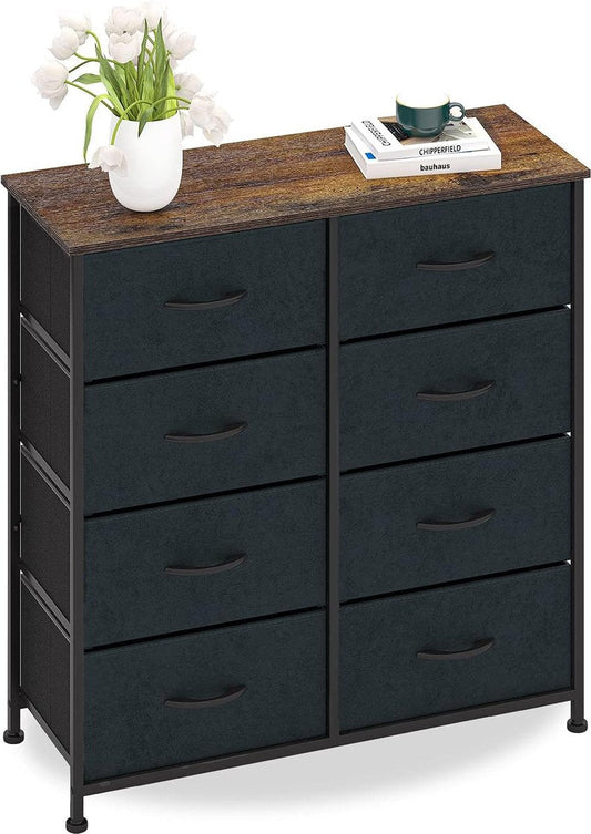 8-ladenkast Suède Stoffen Kast Dressoir Vintage Hoge Kast Metalen Multifunctionele Kast Organisator TV-kast Kleine Keuken Slaapkamer Kantoor Woonkamer Zwart + Grijs Hout + Staal