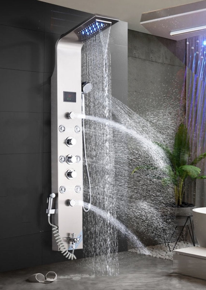 Shower panel SaniSupreme with Massage - Rain shower - Massage Jets - Waterfall Shower - With Thermostatic tap and Handheld shower - Silver - Surface-mounted - Shower head