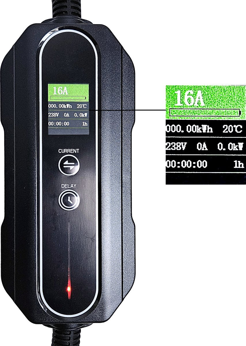 Mobile EV Charger 3.7kW | IP67 Waterproof | 16A 1-Phase | 5 Meter | Home Charger Type 2 from EU socket - 8A/10A/13A/16A Switchable |