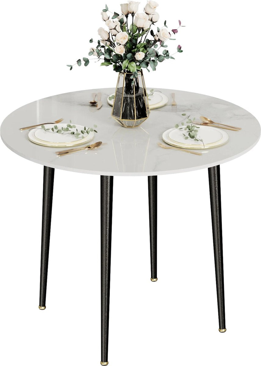 J&R Eettafel - Marmerlook - Wit met zwarte poten - Rond blad 80cm
