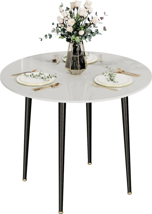 J&R Eettafel - Marmerlook - Wit met zwarte poten - Rond blad 80cm