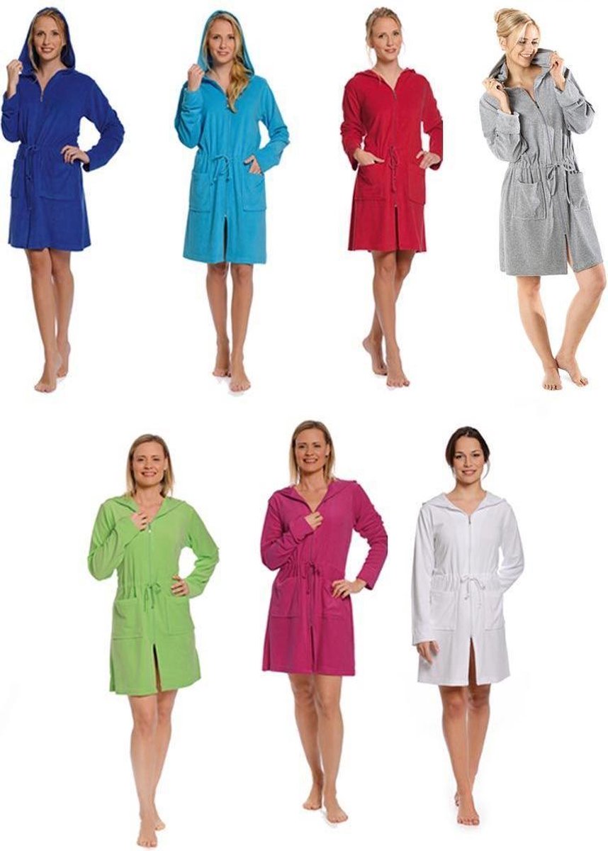 Ritssluiting badjas dames kort – met capuchon – lichtgewicht – dun – sauna - blauw - maat L