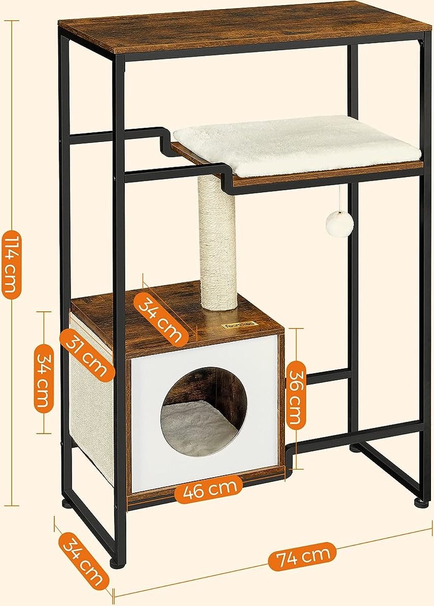 Krabpaal - Krabpaal voor katten - Kattenkrabpaal - Krabpalen - Kattenpaal - Kattenmeubel - 12.8 kg - MDF - Staal - Bruin - Zwart - 74 x 34 x 114 cm