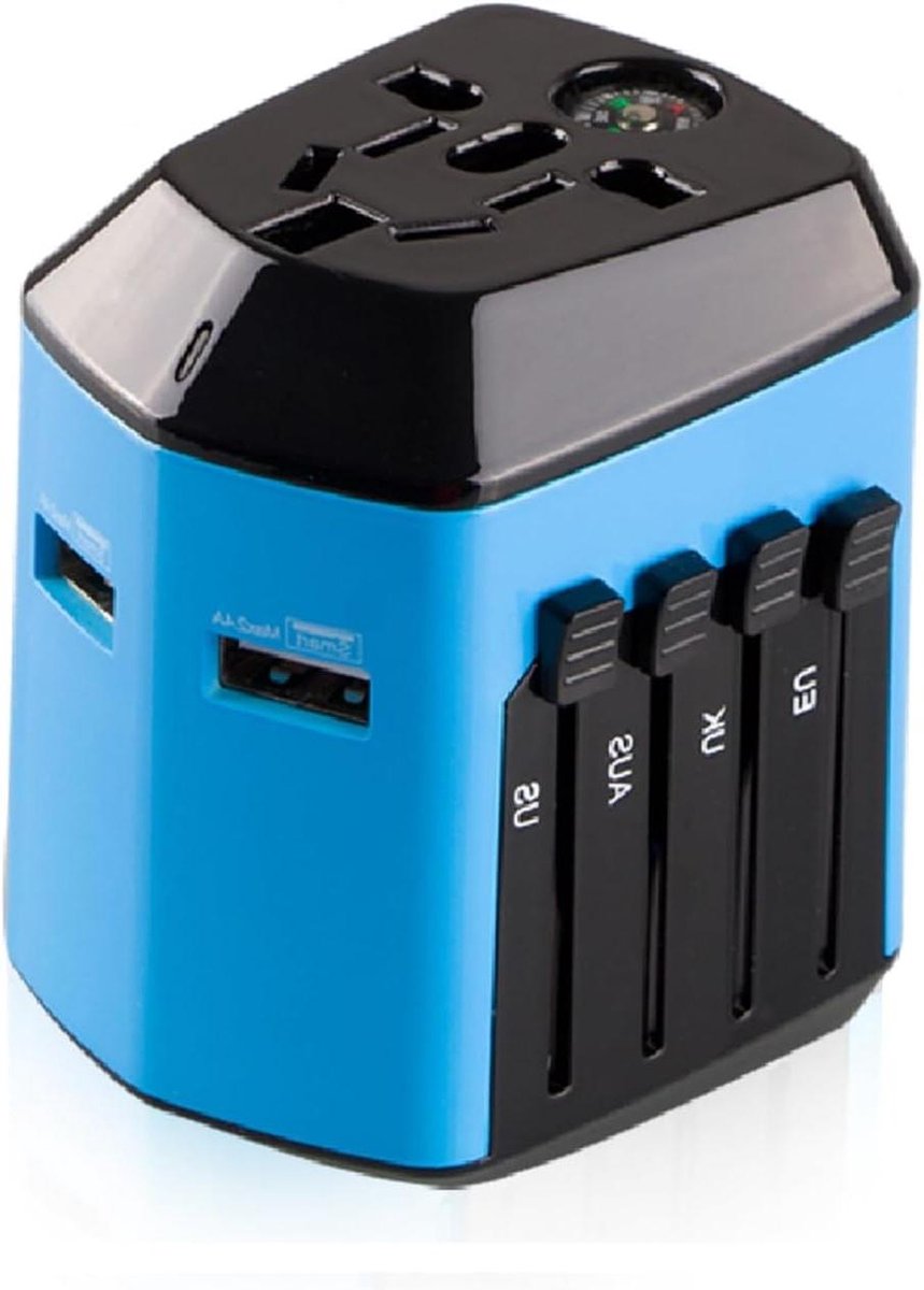 Universal Travel Adapter with 2 USB Ports for 180 Countries UK/EU/US/AU - House Shape Blue