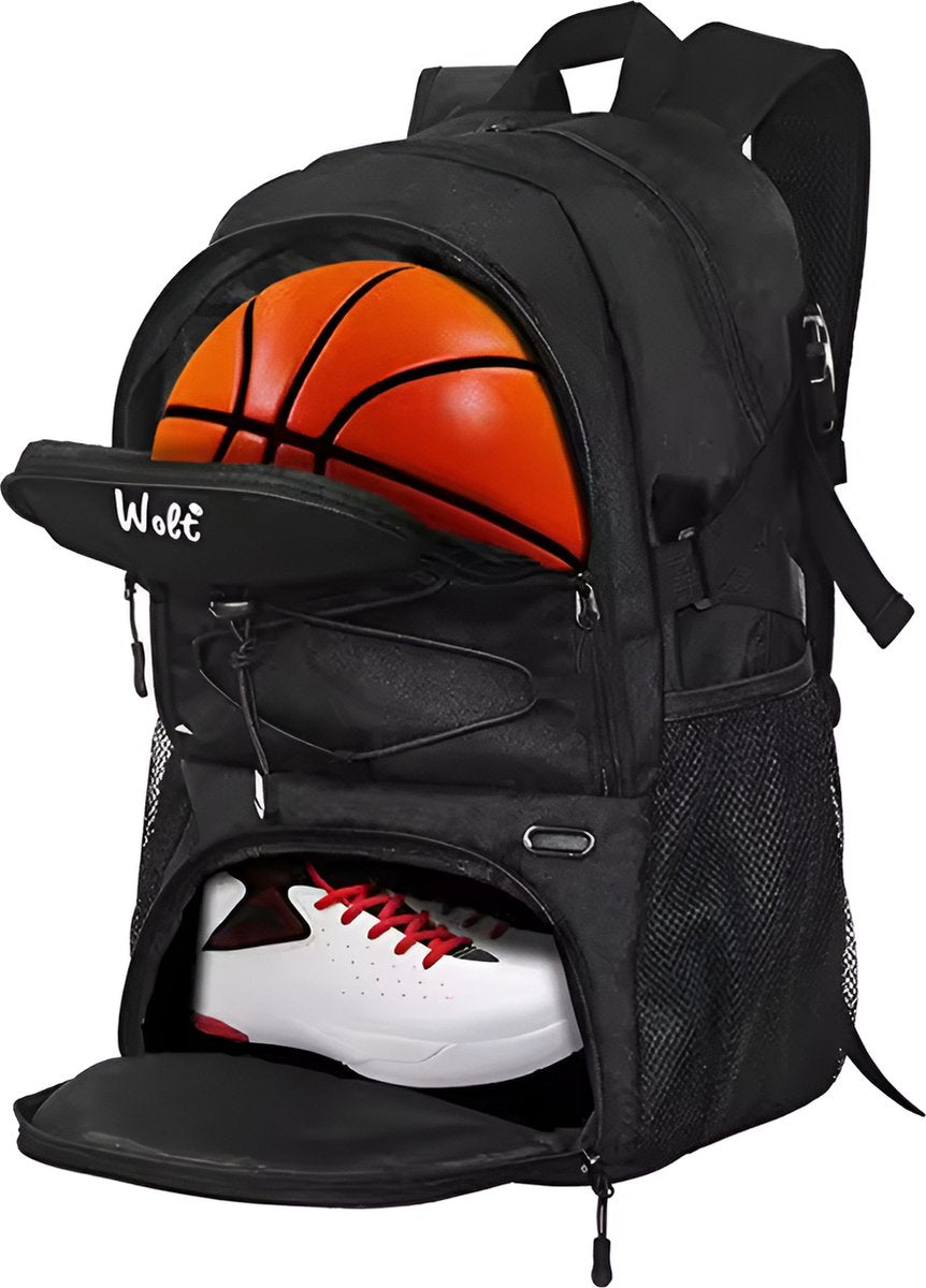 E-Shop4u - Basketbal Rugzak Grote sporttas met aparte balhouder Schoenenvak, Waterbestendig | - Zwart