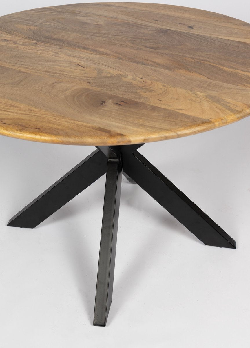 Eettafel Thom - 100cm rond - bruin - massief hout - metalen kruispoot