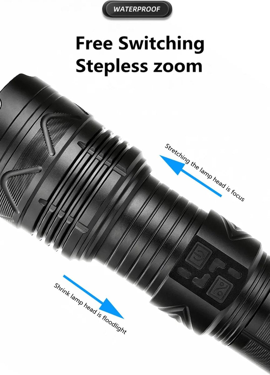 Bolmans - Zaklampen - Zaklamp - Maglite - LED Zaklamp - Zoom - 1500M Bereik - 100W - Oplaadbaar - Waterdicht - Militaire Zaklamp