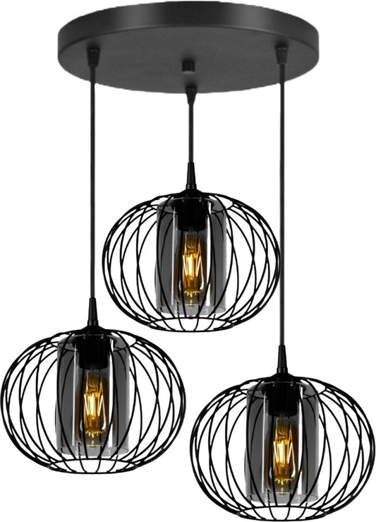 Pendant lamp - Ceiling lamp Industrial with 3 Wire/Glass Shades Black Smoke
