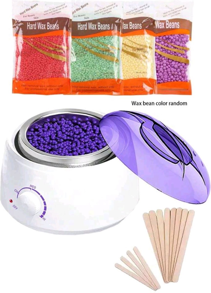 Hair removal device wax machine set including 4 bags of wax beans and 12 sticks white with purple model 02