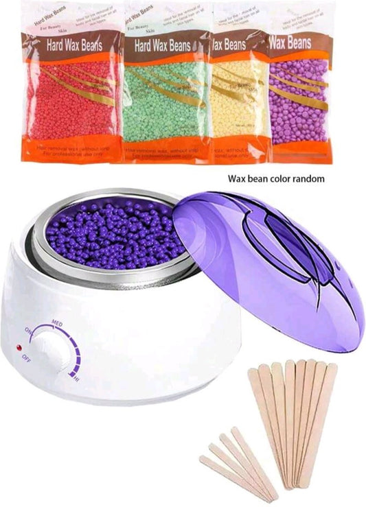 Hair removal device wax machine set including 4 bags of wax beans and 12 sticks white with purple model 02