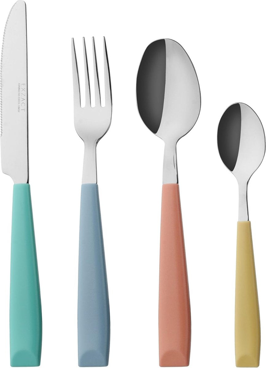 24-Piece Colored Cutlery Set - Stainless Steel with Vividly Colored Plastic Wide Handles - Comfortable to Hold - 6 x Forks, 6 x Dinner Knives, 6 x Tablespoons, 6 x Teaspoons