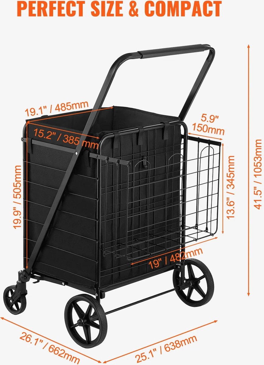 ByBusby® Foldable Shopping Cart - Shopping Trolleys - Removable Waterproof Liner - Load Capacity 150 KG - 360° Swivel Wheels