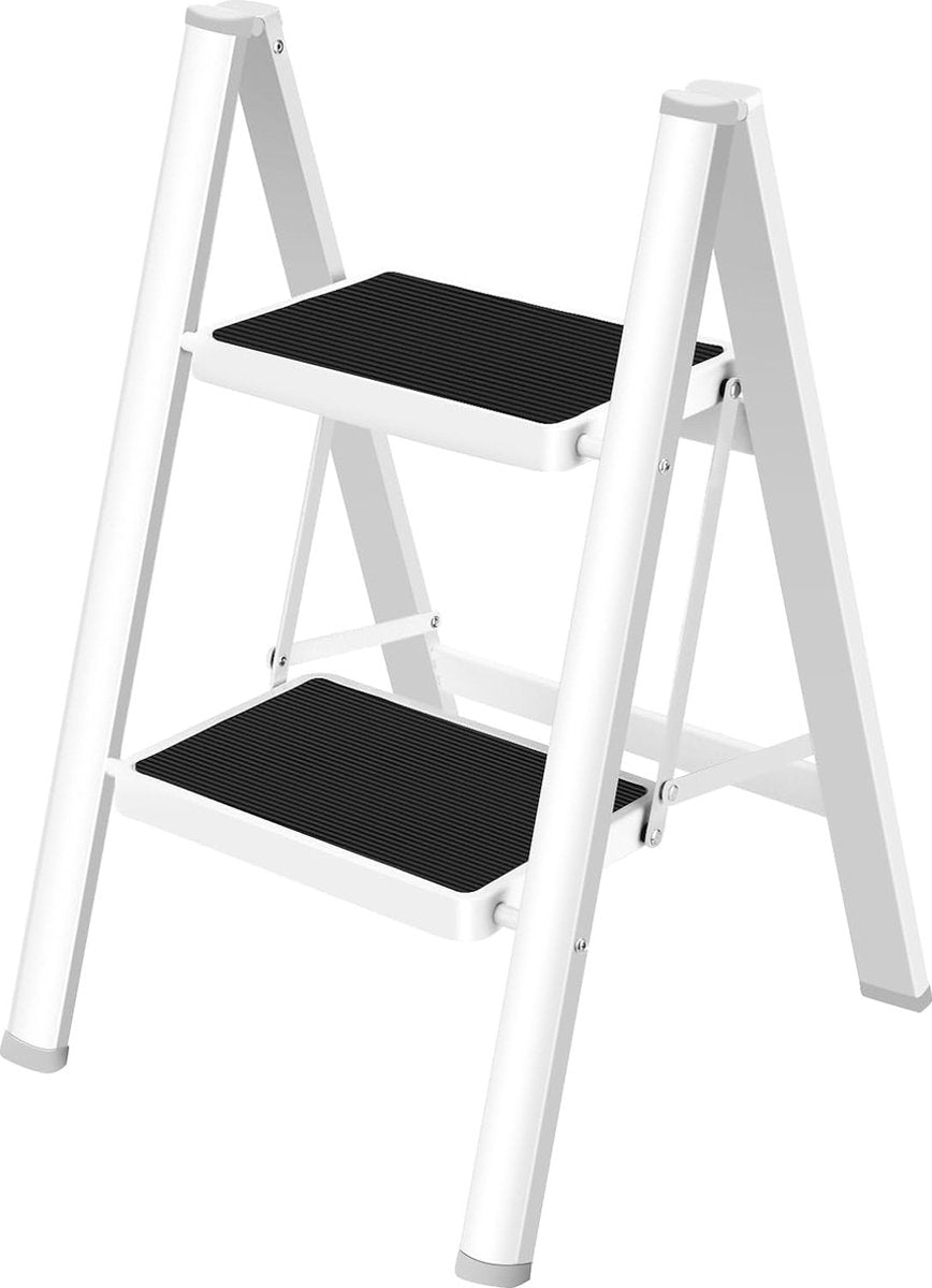 Stepladder, 2 steps, foldable, ladder with wide non-slip pedal, step stool with 150 kg capacity, white