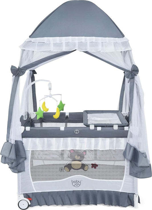 Kinderreisbed, opvouwbaar, reisbed, inklapbaar met speelgoed en muggennet en muziek, mobiel babybed met draagtas, kinderbed, klapbed voor kinderkamer, reisbed baby (grijs)
