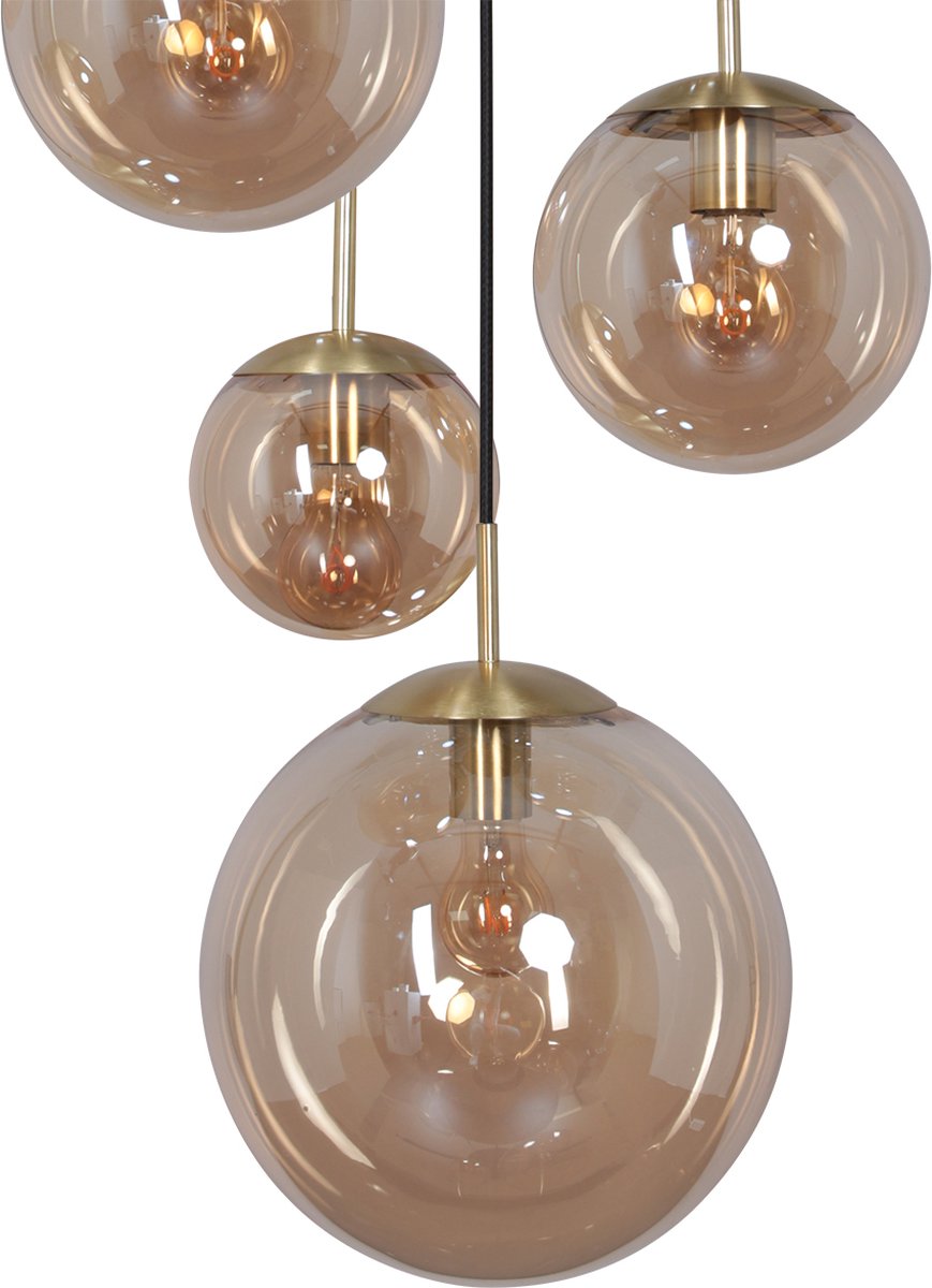 Glazen vide hanglamp Bollique | 5-lichts | amber / goud / zwart | glas / metaal | 350 cm lang | Ø 60 cm | eettafellamp | modern / sfeervol design