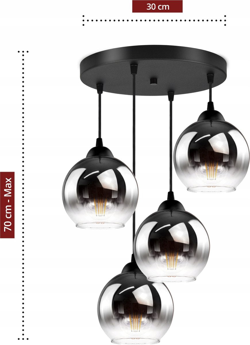 Industrial Pendant Lamp for Living Room, Dining Room - 4-light spheres - Smoke Graphite Glass