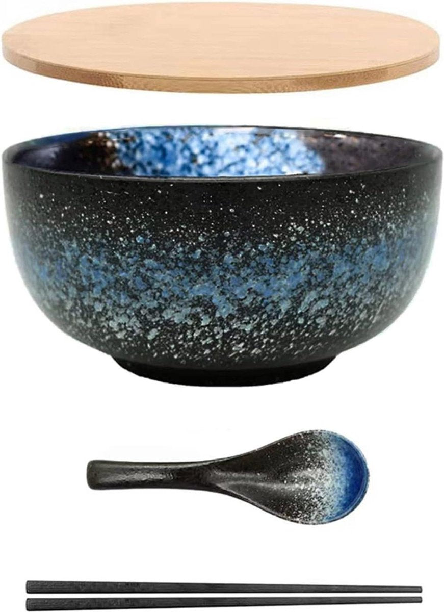 Japanese Ramen Kom Set - Keramische Salade Noodle Grote Soepkom Met Deksel En Lepel - Ontbijtgranen Soep Dessert En Rijst Kom - Magnetron Oven Vaatwasser - Blauw Ice Set
