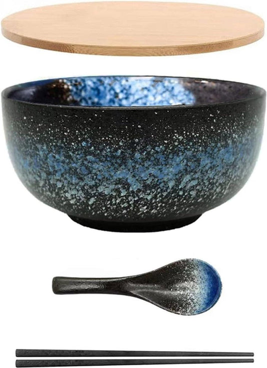 Japanese Ramen Kom Set - Keramische Salade Noodle Grote Soepkom Met Deksel En Lepel - Ontbijtgranen Soep Dessert En Rijst Kom - Magnetron Oven Vaatwasser - Blauw Ice Set