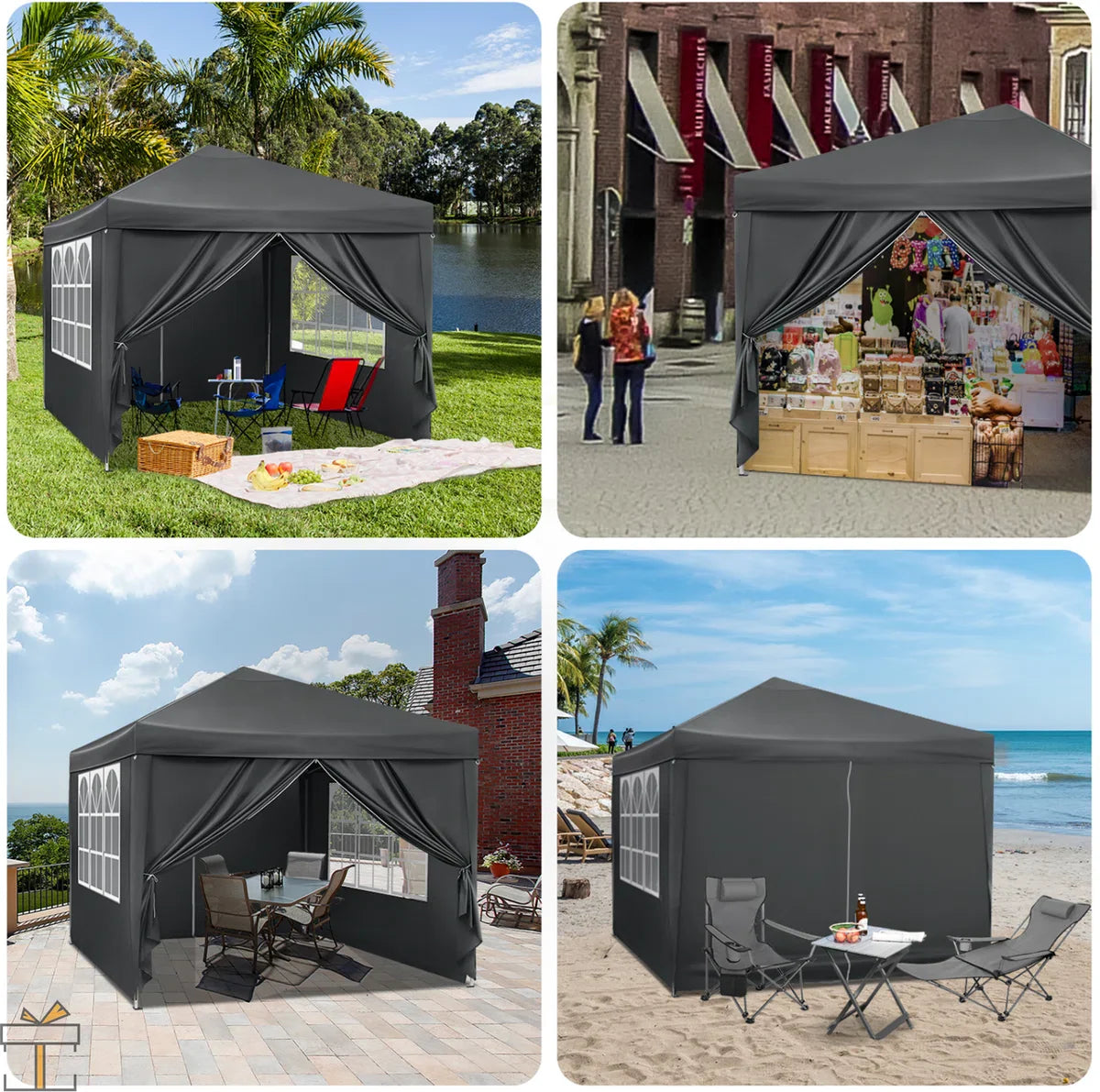 Happyment Partytent met zijwanden - Antraciet - Opvouwbaar - Easy up - Paviljoen - Waterdicht weerbestendig - 3x3 m