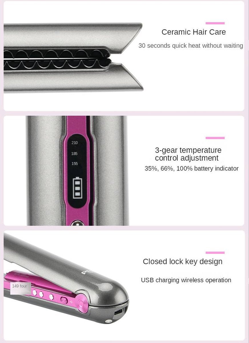 VENEUX® - Draadloze 2-in-1 Krultang en Stijltang - Grijs / Roze