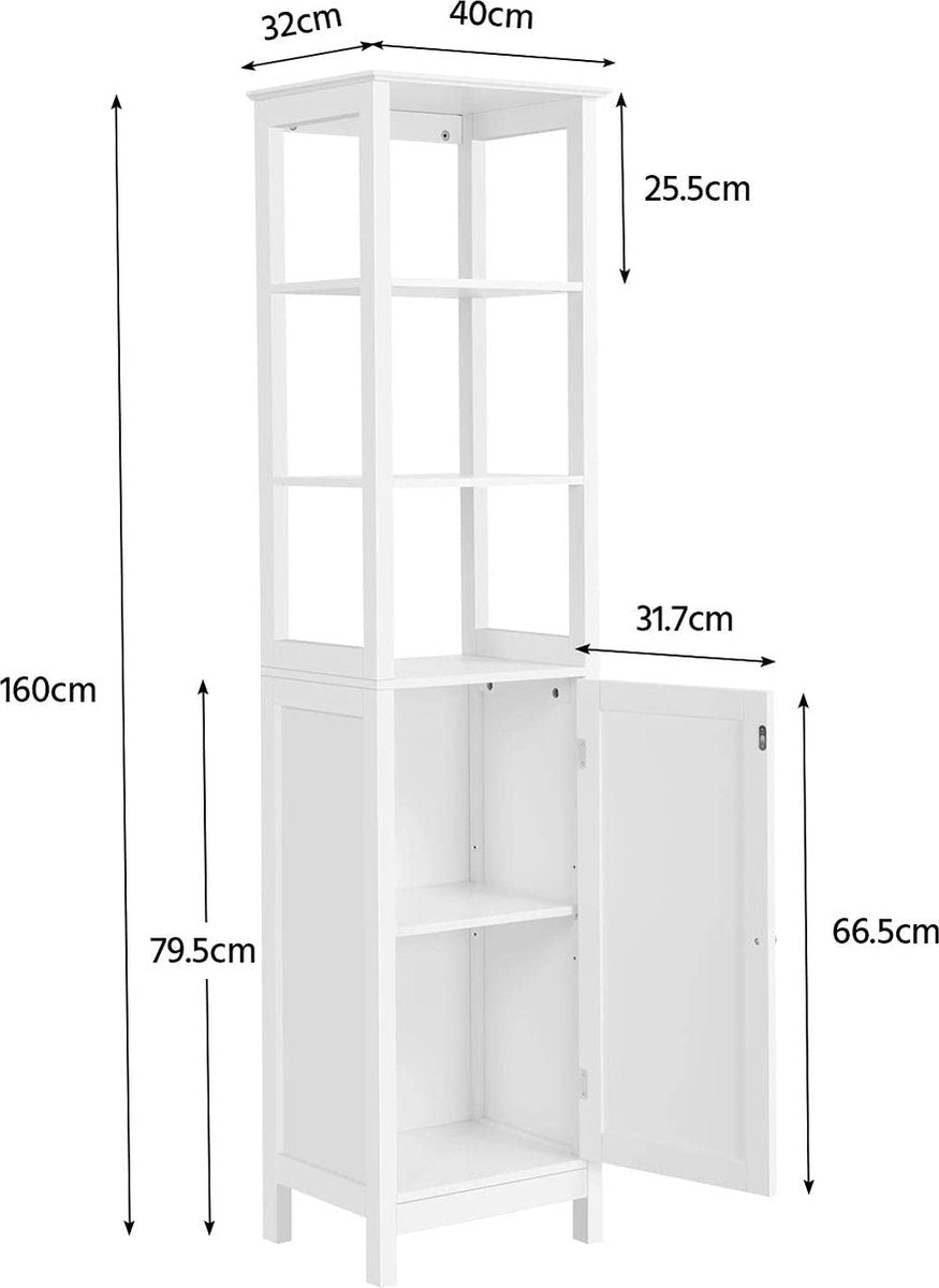 Hoge kast, badkamerkast, staand rek, badkamerrek, met 3 open vakken, verstelbare plank, voor badkamer, woonkamer, keuken, 160 cm hoog, wit