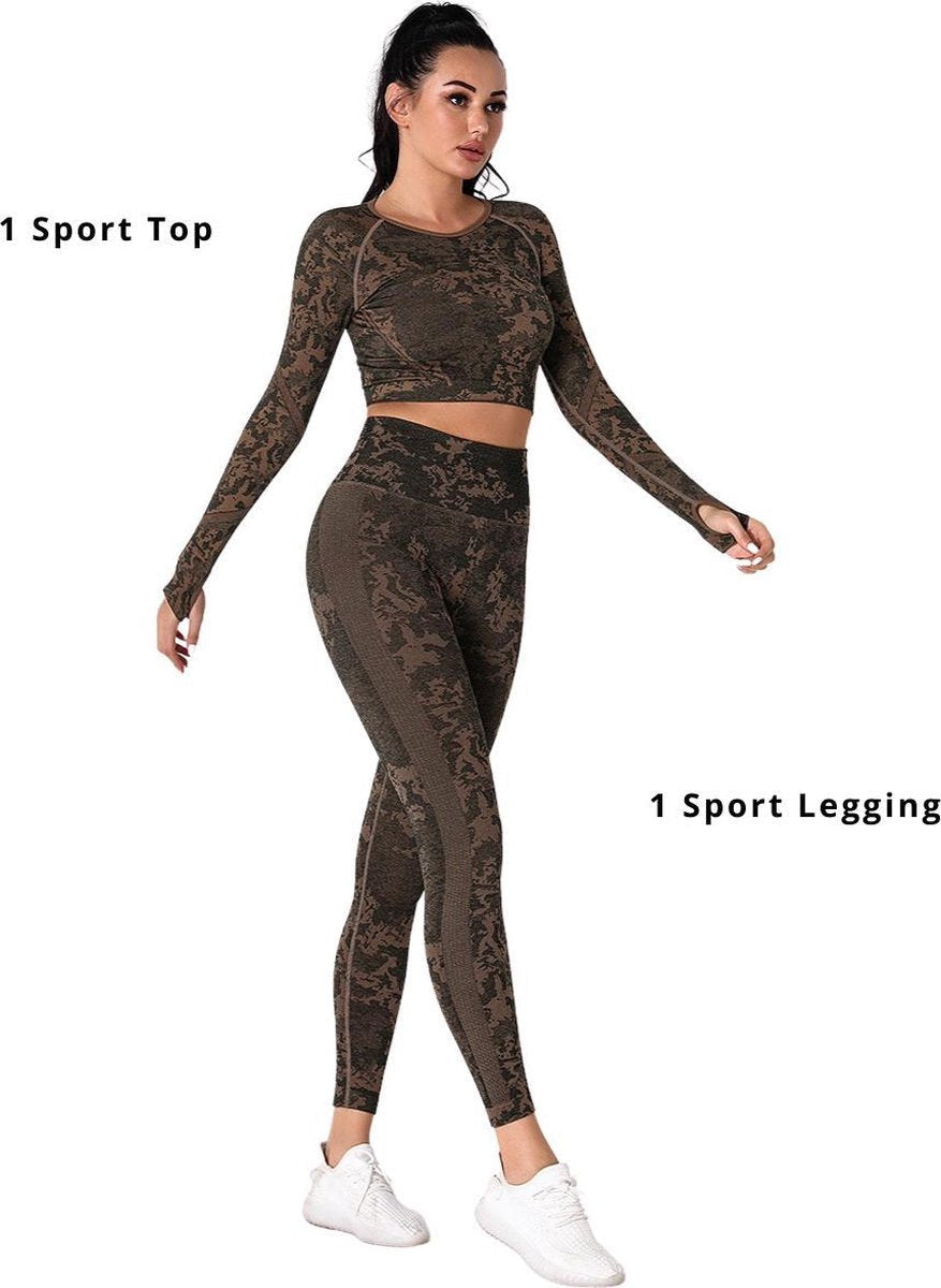 Sportoutfit - Sportkleding Set Dames - Yoga Kleding - Sport BH - Sportlegging Dames - Sport Top - High Waist Legging Dames - Camouflage Kleding - Dames Kleding - Panterprint - Luipaard - Legging & Shapewear Dames | Top + Legging | Goud | Maat S