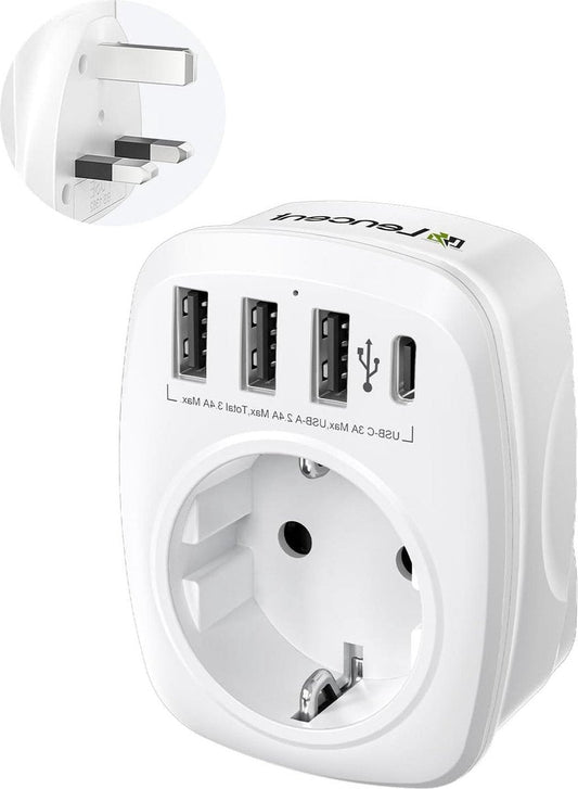 Universele Stekker EU - Reisadapter Type G - Internationale Reisstekkeradapter 5-in-1 - EU Reisstekker Stroomadapter met 3 USB - Reisadapter UK naar EU