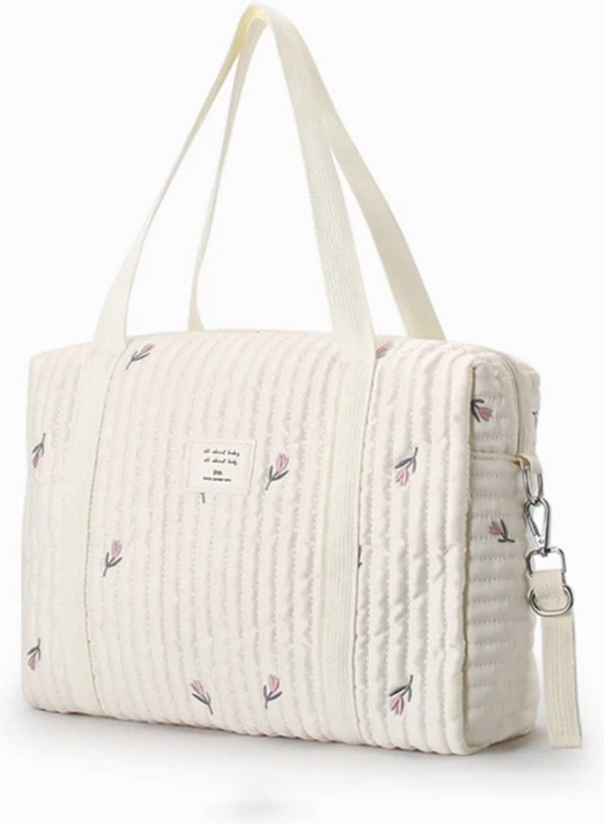 Luiertas - Mombag - Schoudertas - Verzorgingstas - Kraamcadeau - Groot - Bloemmotief - Tulp - Beige