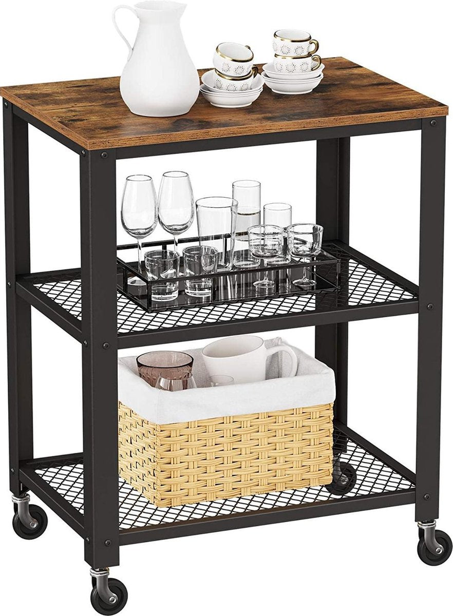 serveerwagen, keukentrolley, trolley, keukenrek op 4 wielen, stalen frame, 3 planken, voor keuken en woonkamer, industrieel design, vintage bruinzwart LRC78X
