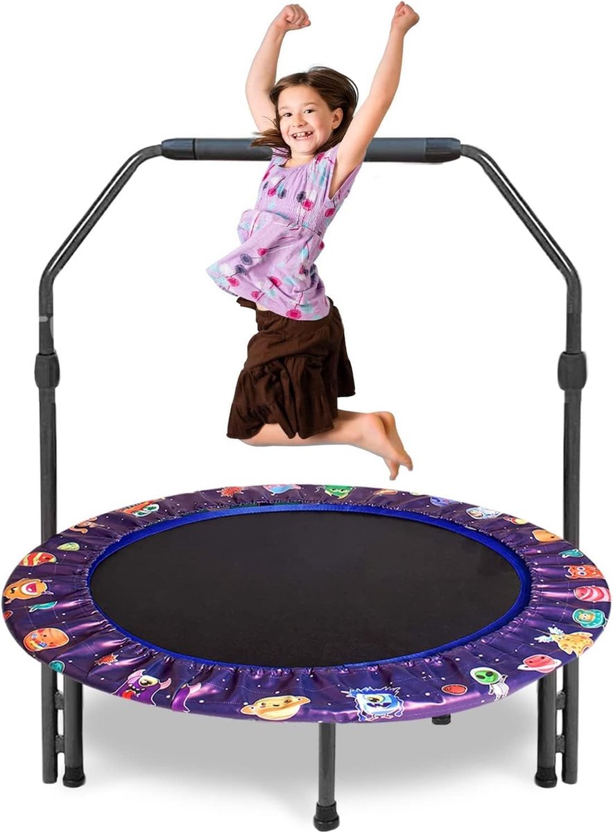Mini-trampoline, diameter 92 cm, kindertrampoline met opvouwbare bungee-rebounder, springtrampoline met verstelbare handgreep en veiligheidskussen, binnen- en buitentrampoline voor jongens en meisjes van 2-4 jaar