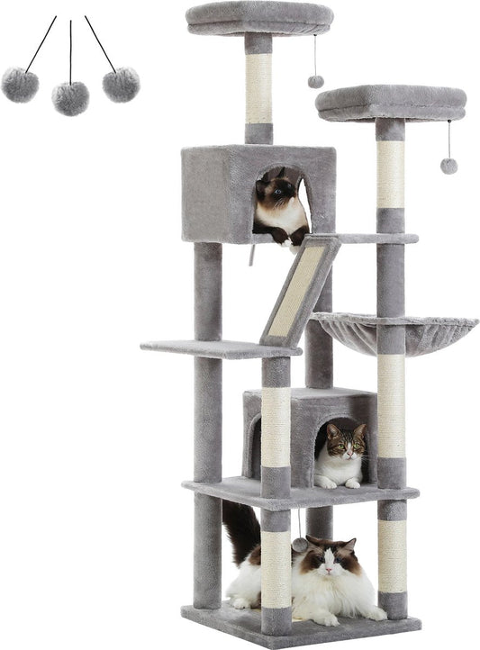 Nique Krabpaal - Krabpaal voor grote en kleine katten - 180cm hoog – 6 verdiepingen - Pluche - Sisal Krabpaal - Zitstokken en Hangmat - Licht Grijs