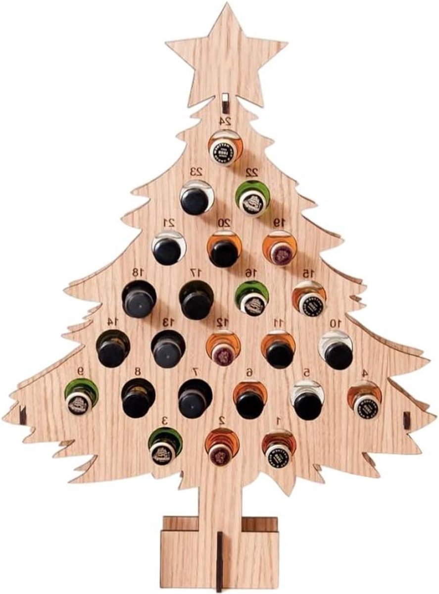 Stackable Wine Rack Advent Calendar 24 Wooden Christmas Tree Wine Holder - Christmas Wine Standing Organizer - Storage Shelf - Countertop Organizer