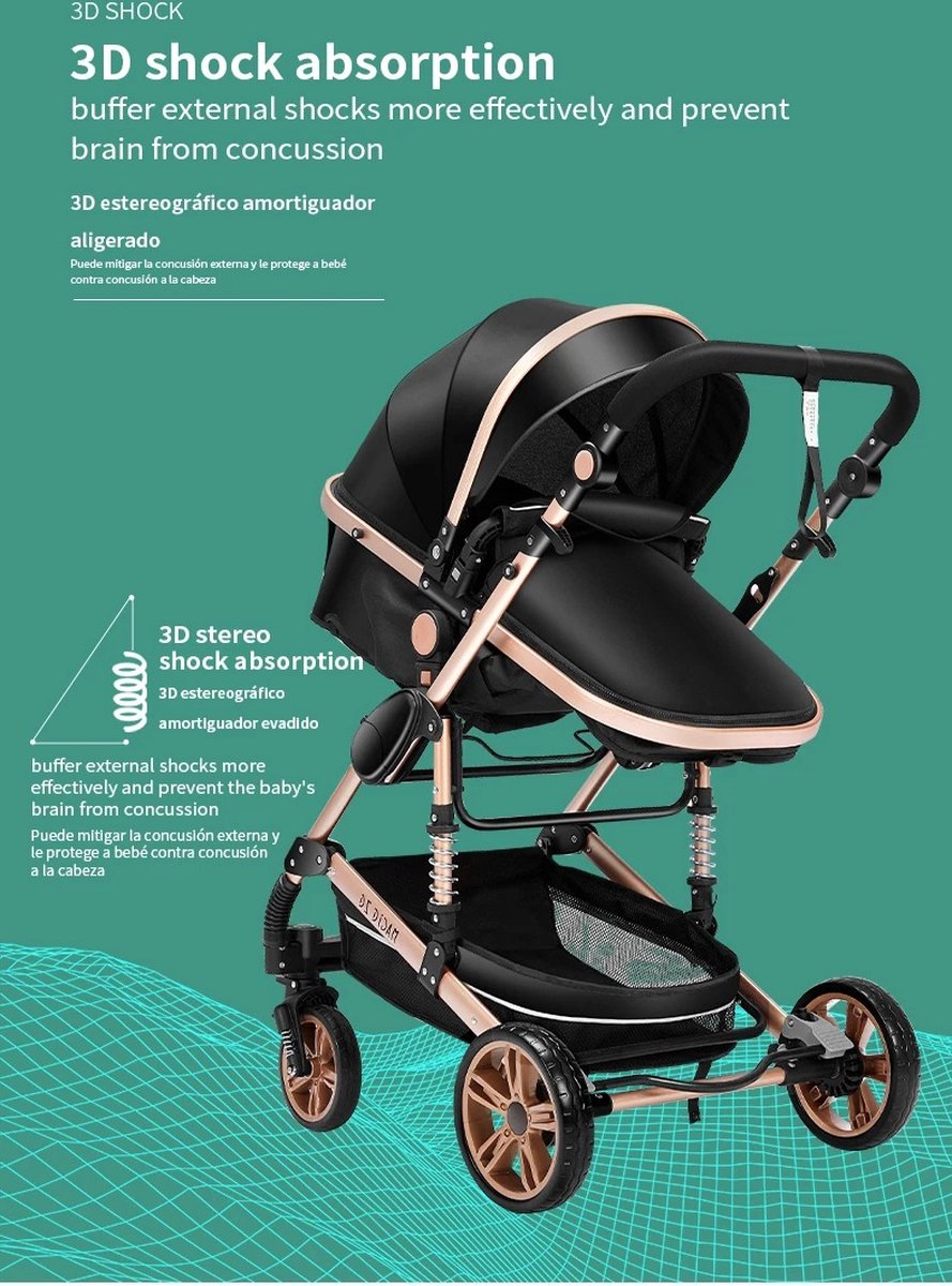 3-in-1 Kinderwagen - Luxe Buggy - Wandelwagen - Babywagen - Inclusief Maxi Cosi - Baby Stroller - Baby Autostoel - Inclusief Accessoires - Zwart - 42x45x103 cm.