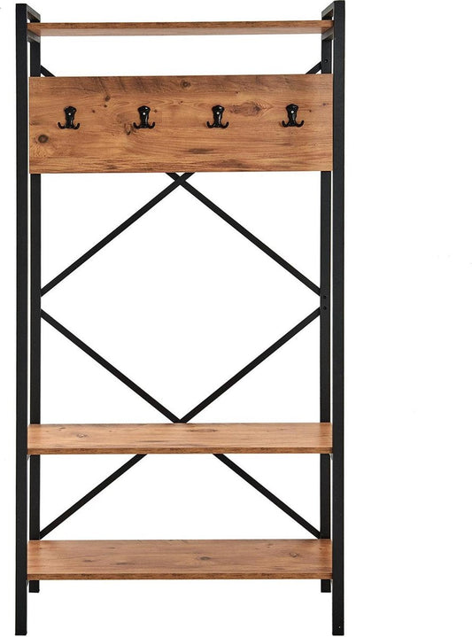 Multifunctioneel Garderoberek - Kapstok - Schoenenkast - Industrieel Hout en Metaal 180x90x34 - Houtlook en Staal - Schoenrek en Kapstok -