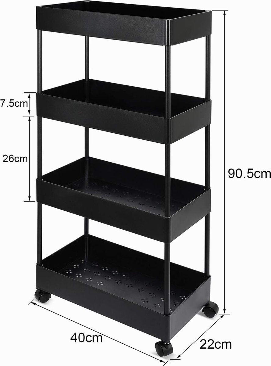4-laags rolwagen, opbergwagen voor de keuken, hobbywagen, multifunctionele trolley met wielen, serveerwagen, serveerrek, opbergmand, opbergmand voor badkamer, keuken, cosmetica, kantoor
