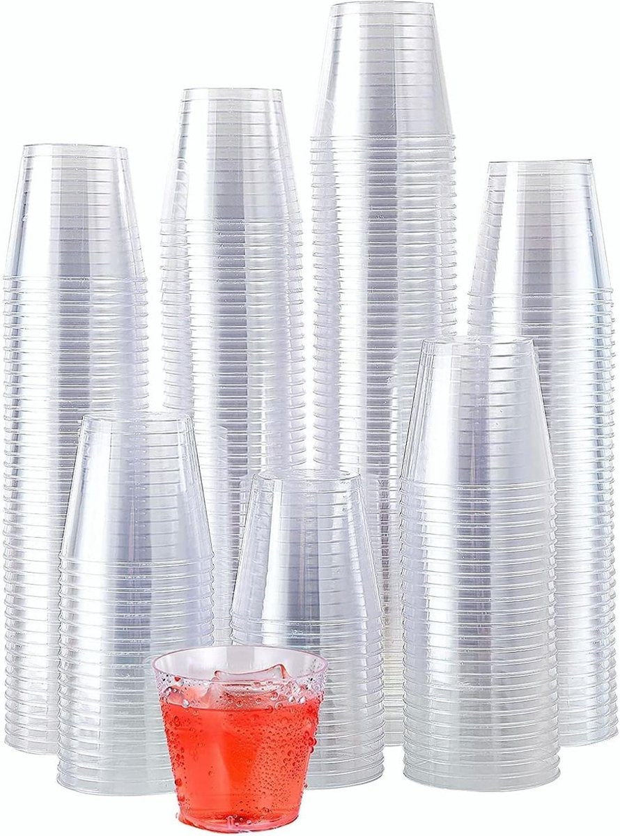 Plastic Borrelglazen 30 ml - 300 Stuks Transparante Dessertbekers - Ronde Parfait Voorgerechtskop Herbruikbaar - Whiskypudding Mousse Whisky Jello Party - Serveerschaal Bekers (43 x 4 cm) plastic wegwerp shotglaasjes