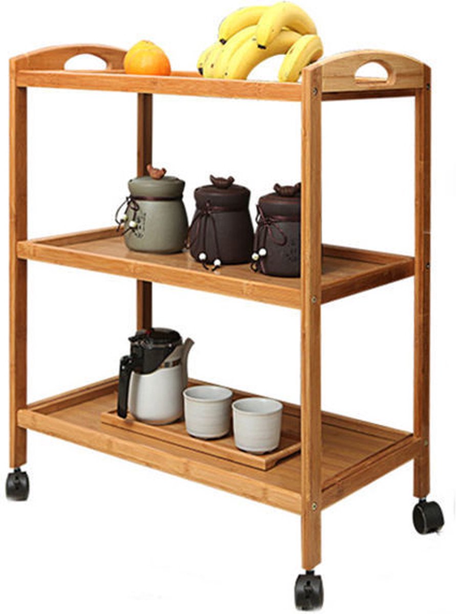 Decopatent® Keukentrolley op wieltjes - 3 laags bamboe houten keukenwagen - serveerwagen trolley met 4 wielen - keukentrolley