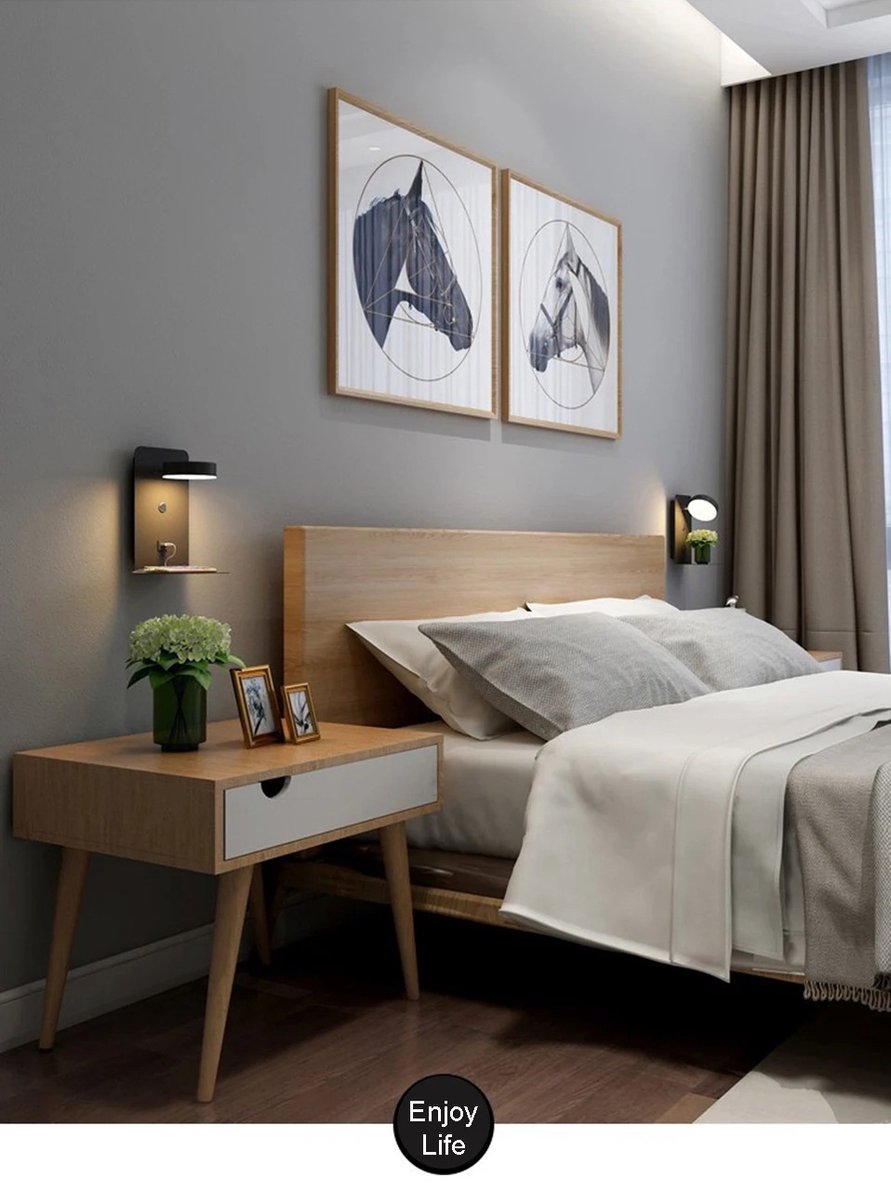 2 stuks Wandlamp slaapkamer - wandlampje - bedlampje - Wandlamp binnen - nachtlampje volwassenen - LED wandlamp - voor naast bed - inclusief USB o-laadpoort - inclusief schakelaar - zwart