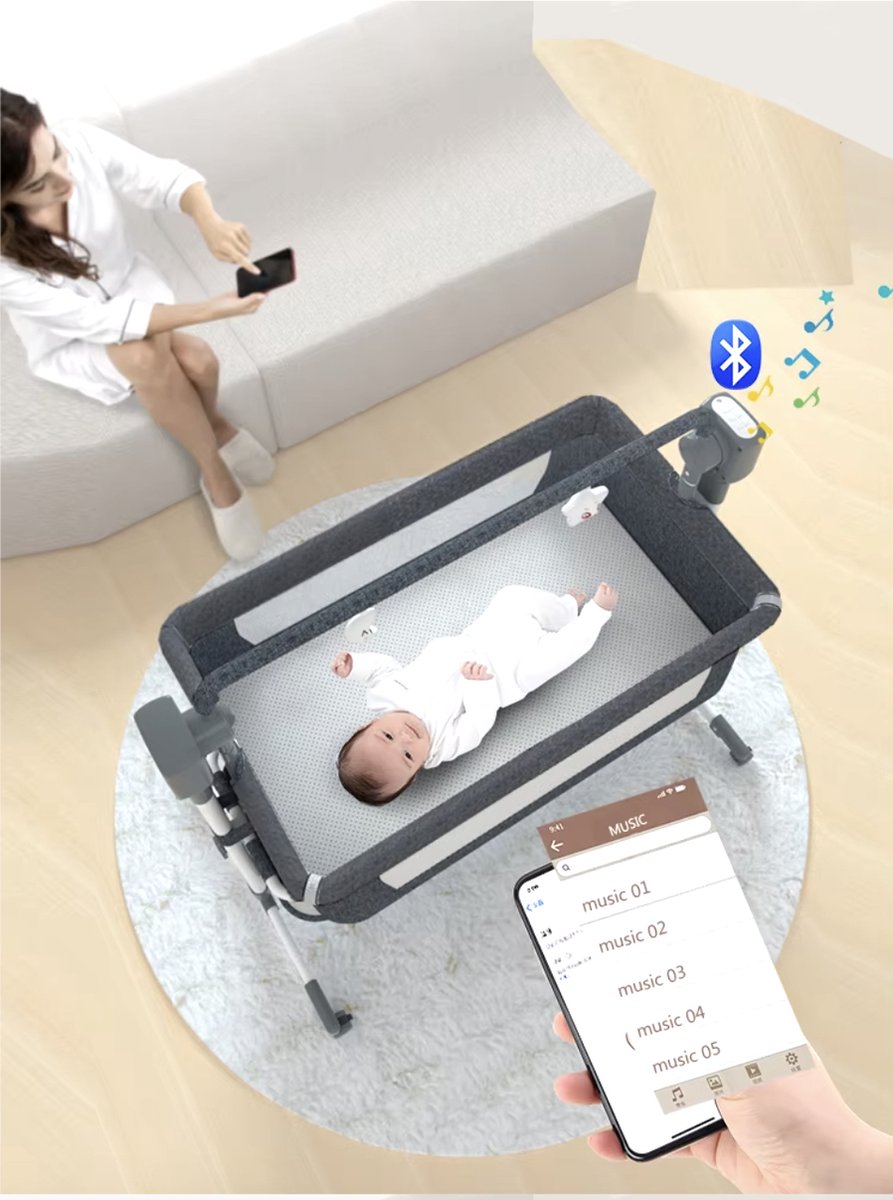 J&R Babybed - Elektrisch babybed - Wieg - Babybedje - Ledikant - Bluetooth - Verplaatsbaar - Draagbaar - Klamboe - Bruin/Khaki