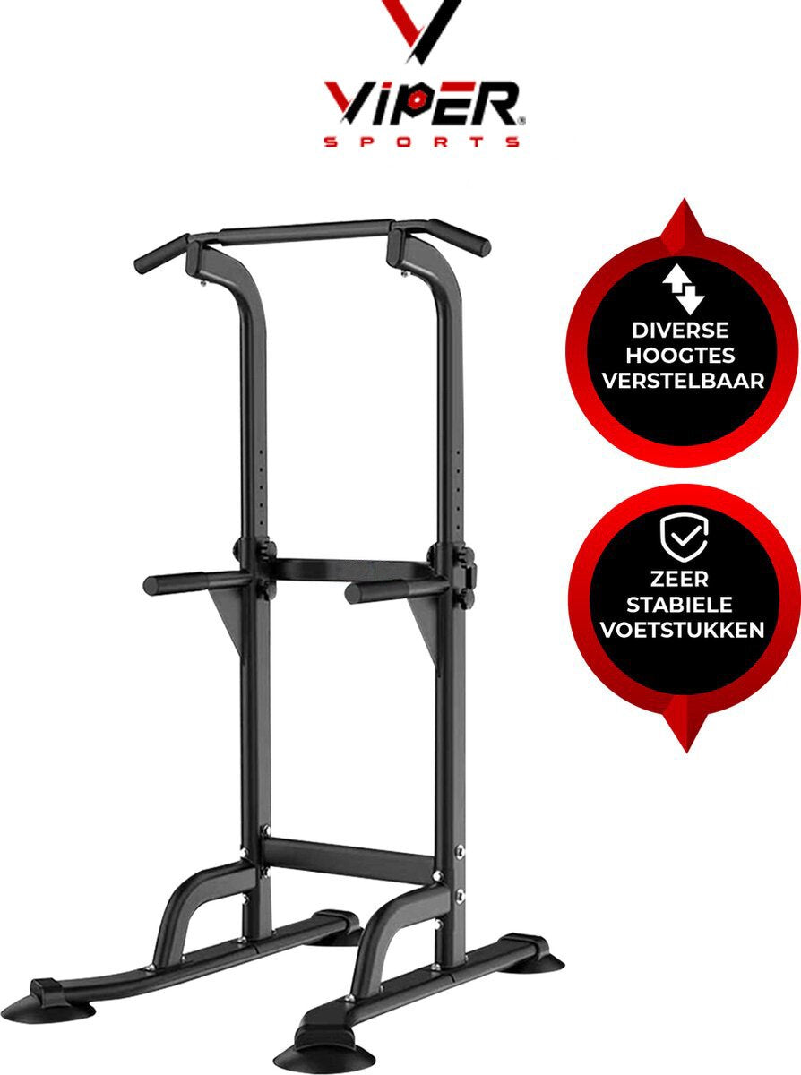 Viper Sports Krachtstation – Multifunctioneel trainingsrek – Power tower met optrekstang – Fitness apparaat voor thuis – Krachttraining – Antislip handvatten – Sportapparatuur – In hoogte verstelbaar – B75xL82xH165-210 cm – Zwart