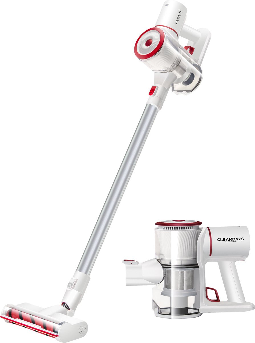 CleanDays® Draadloze Steelstofzuiger - Turboborstel en Kleine Turboborstel - LED Verlichting - Sterke Zuigkracht - Inclusief Muurbeugel - Kruimelzuiger - Steelstofzuigers - Draadloze Stofzuiger