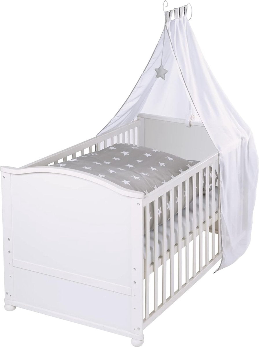 Complete set, wit babybed met uitrusting, combi kinderbed 70 x 140 cm incl. beddengoed