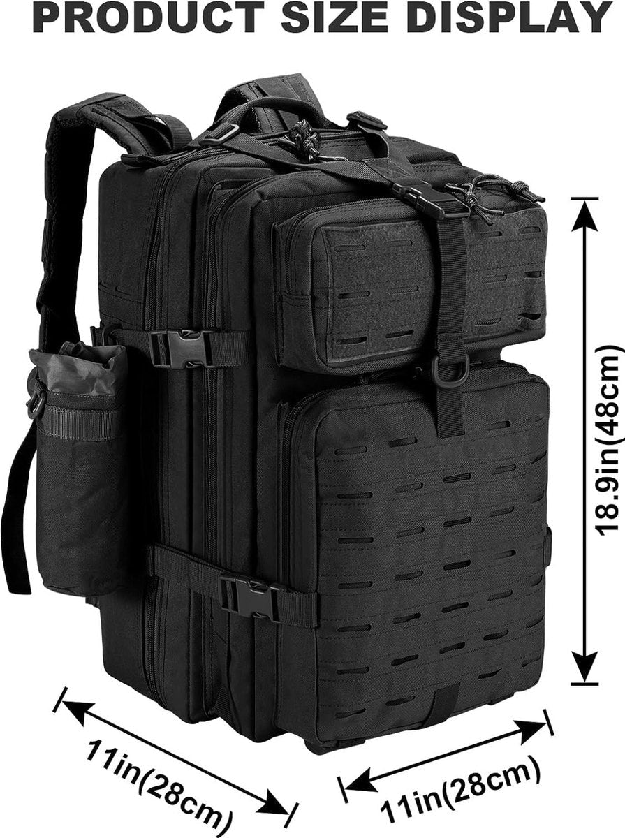 Military Tactical Backpack, 45 Liter, Large Capacity, Army Assault Pack, Waterproof Rucksack for Hiking, Hunting, Trekking and Camping and other Outdoor Activities, Camoblack, Black 45L