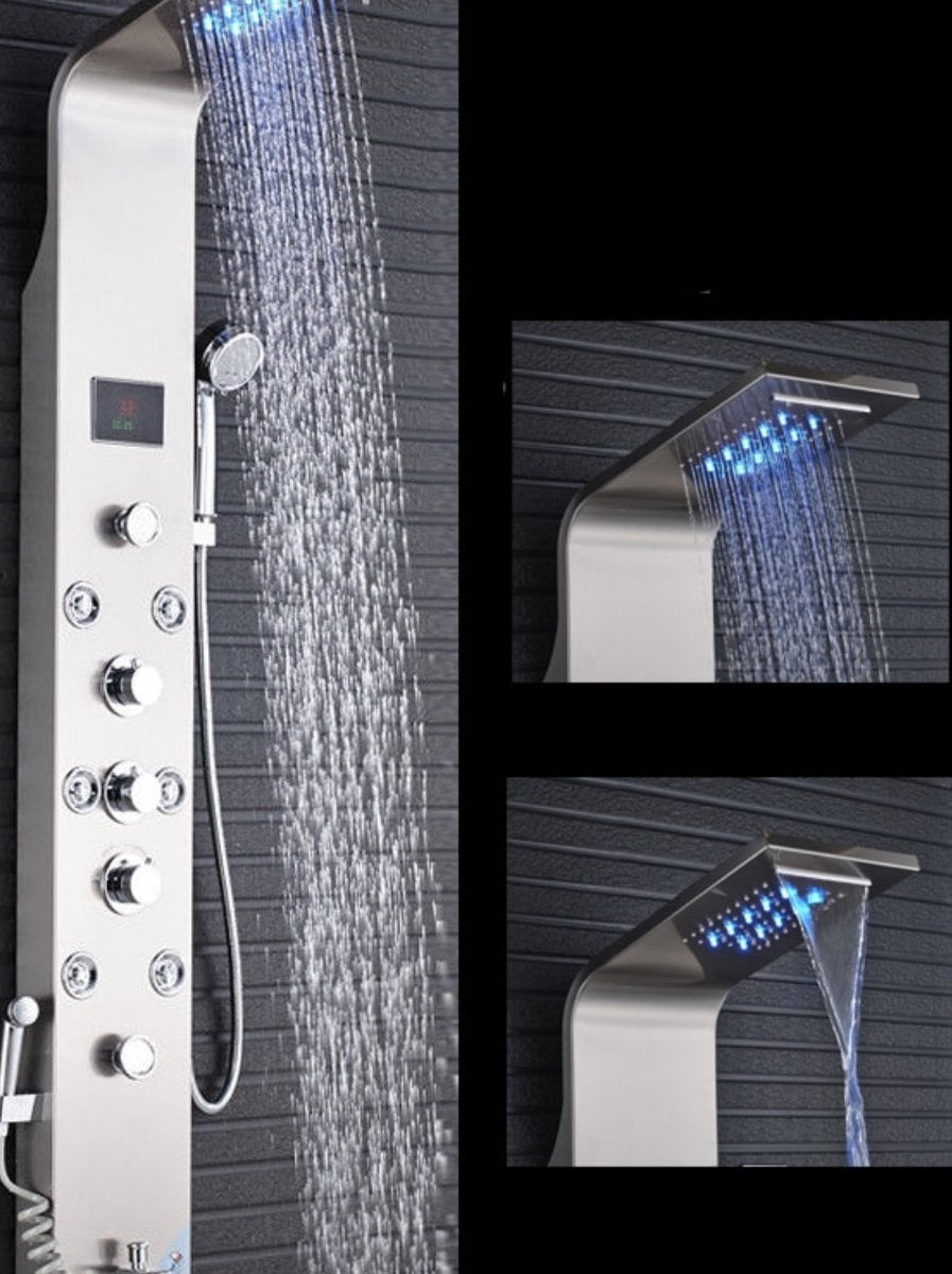 Shower panel SaniSupreme with Massage - Rain shower - Massage Jets - Waterfall Shower - With Thermostatic tap and Handheld shower - Silver - Surface-mounted - Shower head
