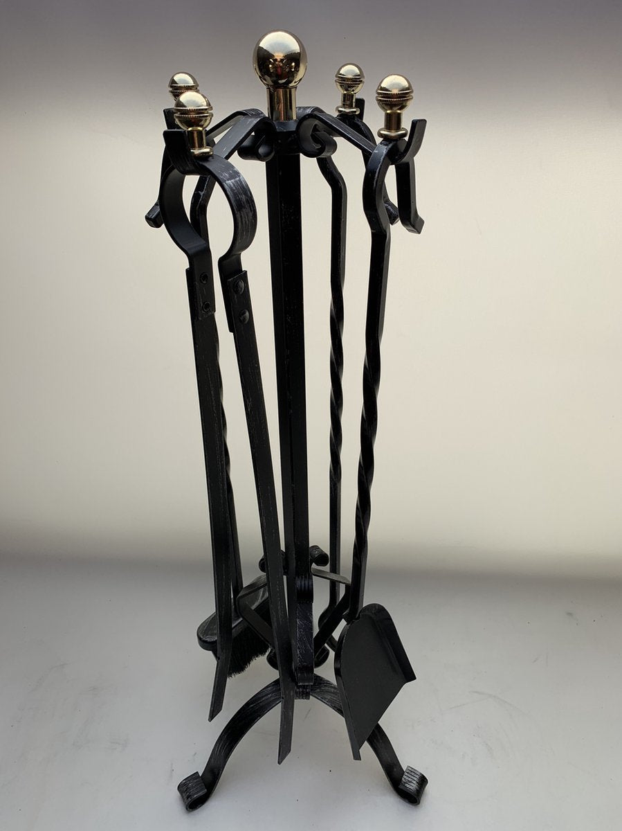 Fireside tools 4-piece - fireplace set - wrought iron - brass balls - black patinated