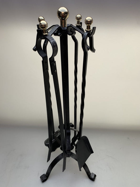 Fireside tools 4-piece - fireplace set - wrought iron - brass balls - black patinated