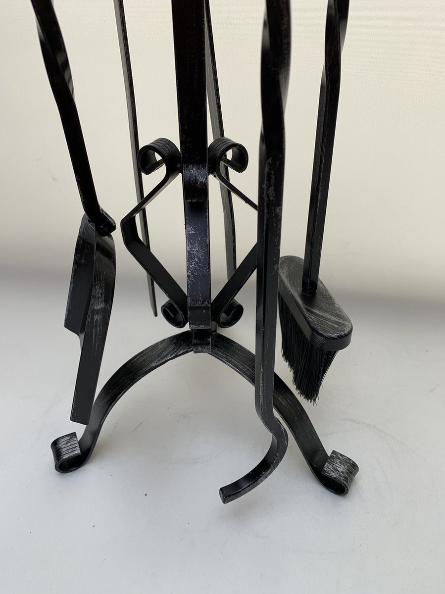 Fireside tools 4-piece - fireplace set - wrought iron - brass balls - black patinated
